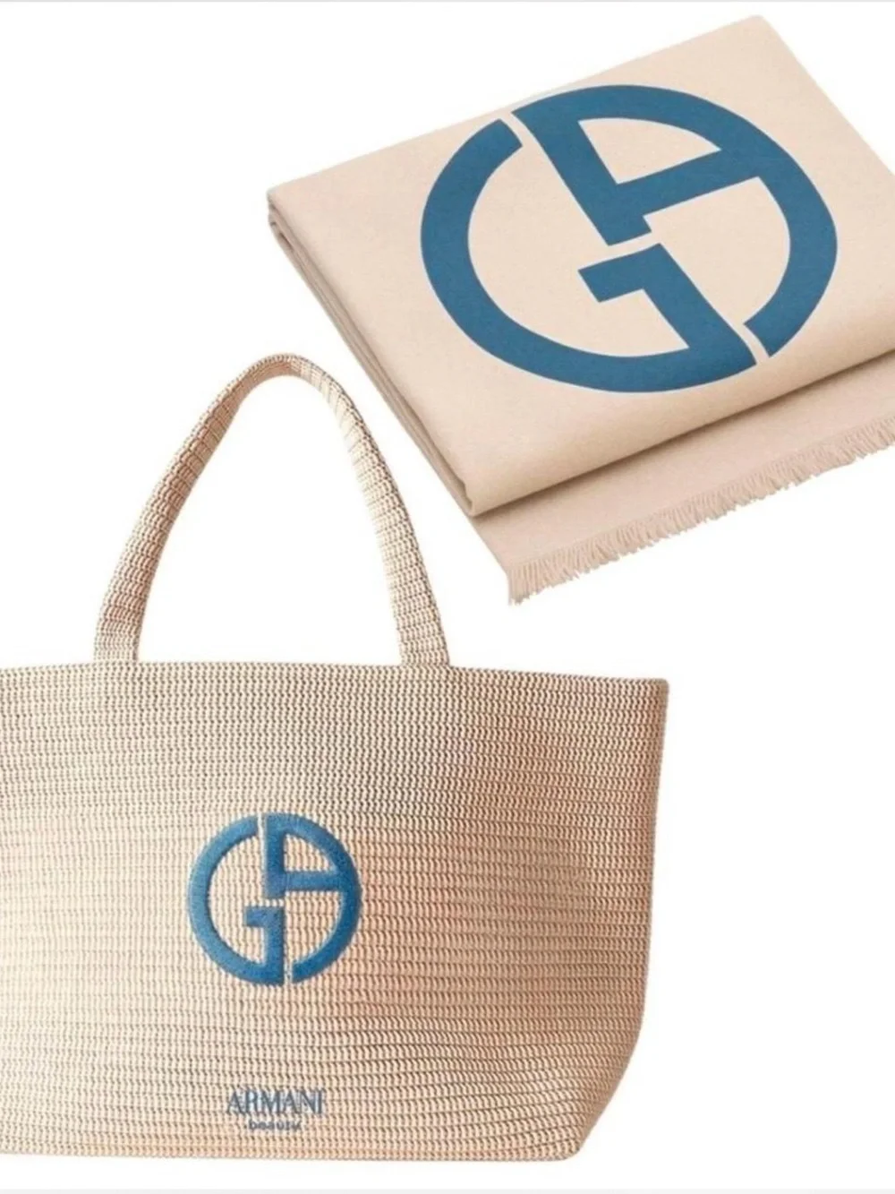 Giorgio Armani Beige Canvas Tote and beach blanket set with Blue Logo